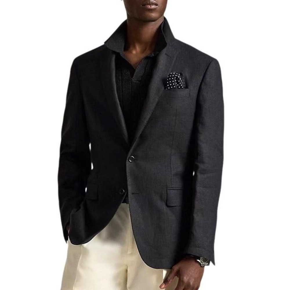 Vtg Polo Ralph Lauren 100% Linen Suit Jacket Blazer 44L Black Made in Italy